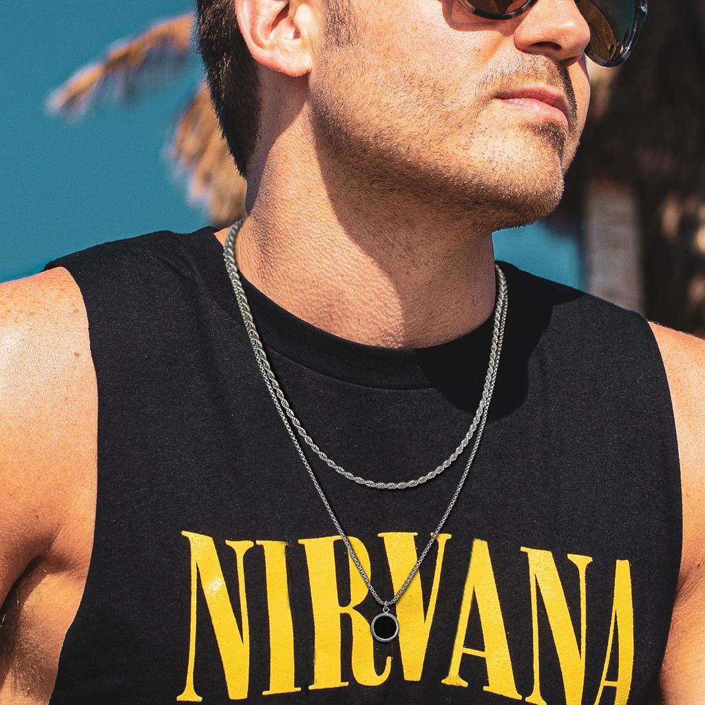 Vnox Stylish Mens Geometric Necklace with Black Enamel, Stainless Steel Metal Double Layered Chain Collar, Unique Gifts for Men