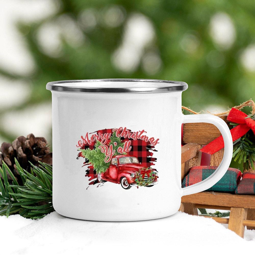 Christmas Tree Deer Truck Print Enamel Mugs Coffee Cups Christmas Party Dessert Hot Cocoa Chocolate Cup Gifts for Friends Family