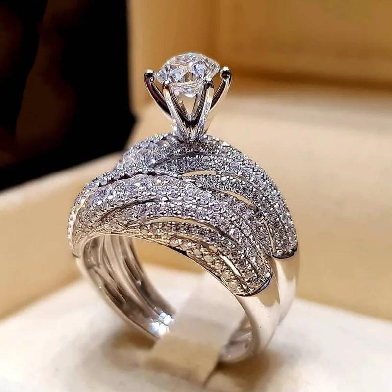 European and American 2-piece Luxury Wedding New Style Trendy Geometric High-end Design Ring Personalized Elegant Zircon