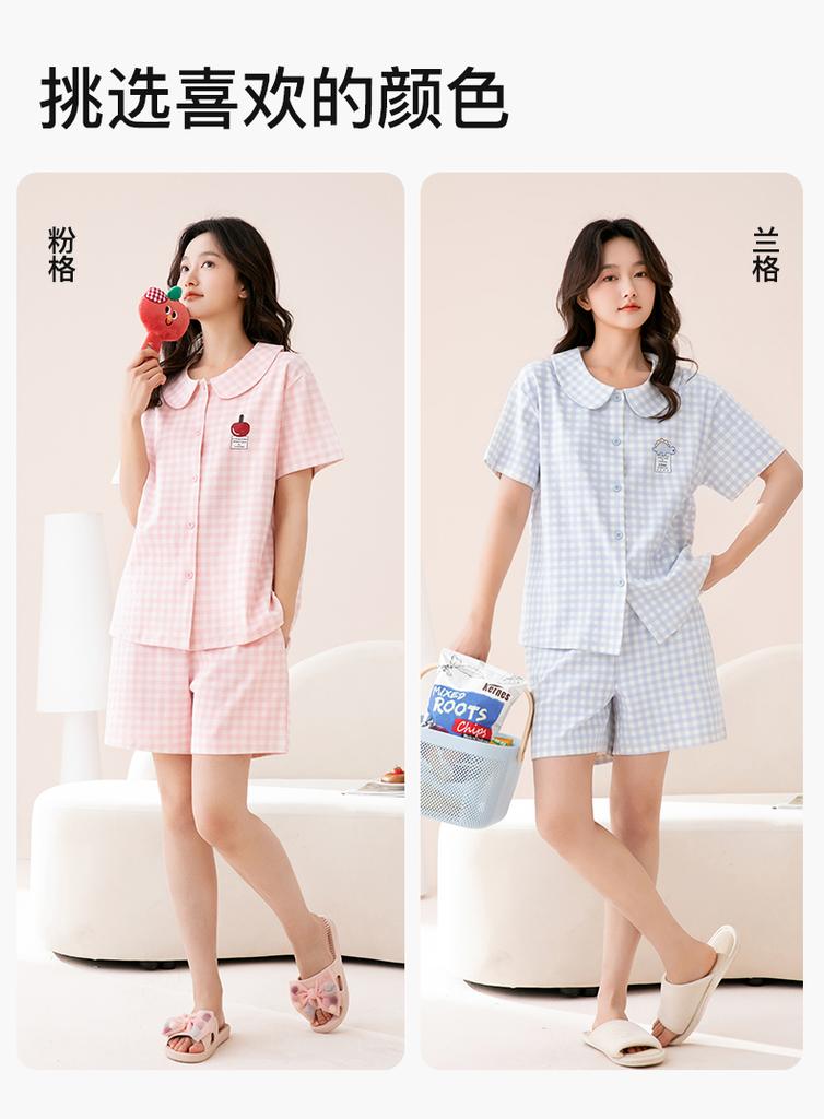 Fenteng [100% Cotton] 26 Year Spring/summer New Plaid Girls' Short Sleeved Home Suit Set Women's Pajamas