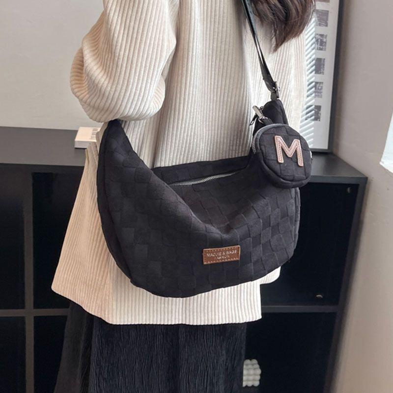Canvas-Tasche für Damen Groß Modische Breitband-Umhängetasche Beliebte Frottee-Gitter-Nische Herbst und Winter Knödeltasche