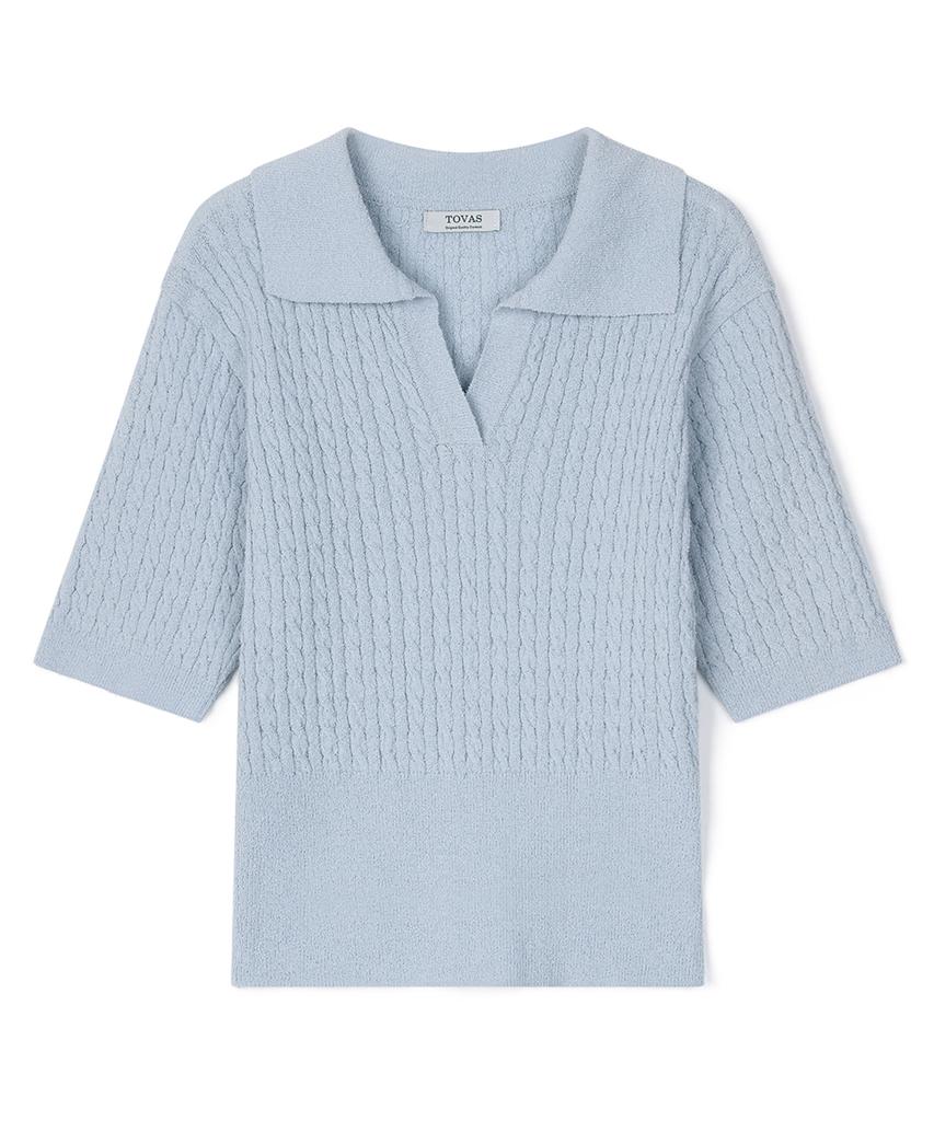 Tobaseu Boucle Cotton Cable Collar Short Sleeve Knit (Sky Blue)