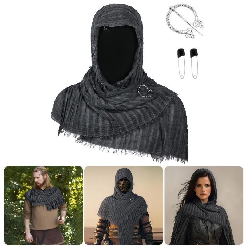Rogue Cowl Scarf Medieval Cloak Cape Renaissances Costume Accessories Hooded Shawl with Vikinges Brooch for Halloween