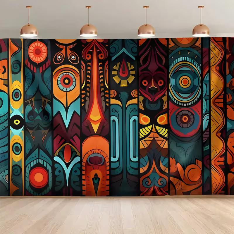 

2D Vintage Tribal Totem Tapestry, Teal Orange Abstract Wall Art, Bohemian Home Decor Backdrop 47.2x31.5inch/120*80cm