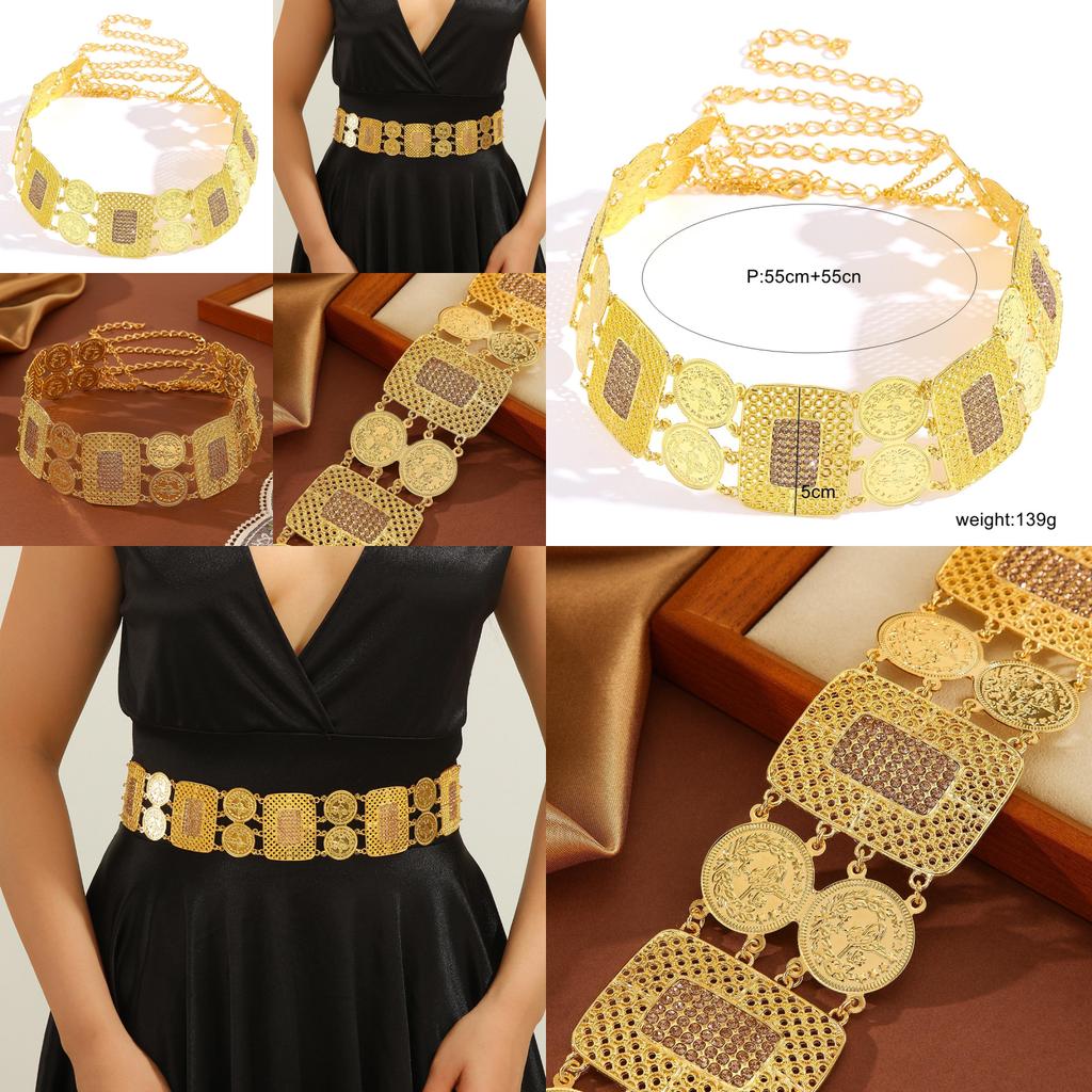 Middle Eastern Inspired Gold Waist Belt With Alloy Geometric Pattern And Decorative Finish