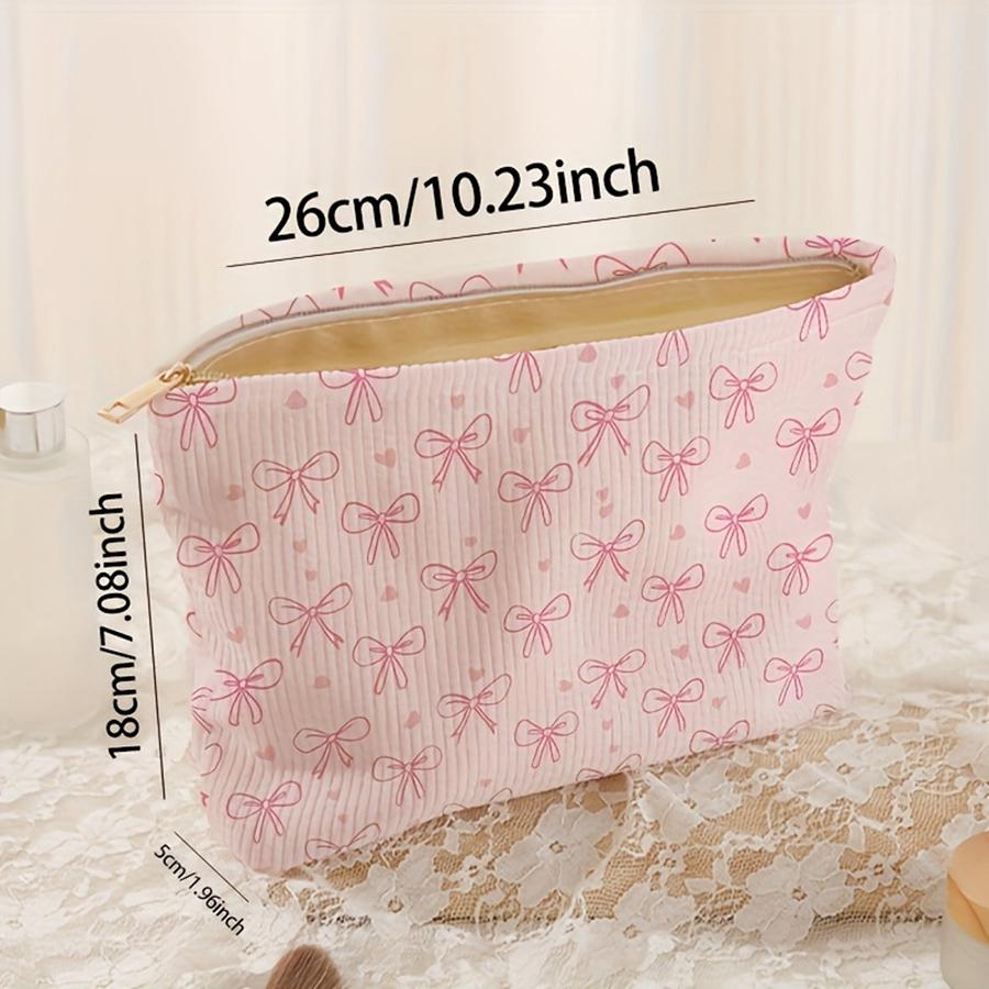 Minimally Designed Pink Bow Pattern Printed Corduroy Zipper Makeup Bag, Lightweight and Multifunctional Cosmetic Storage Bag