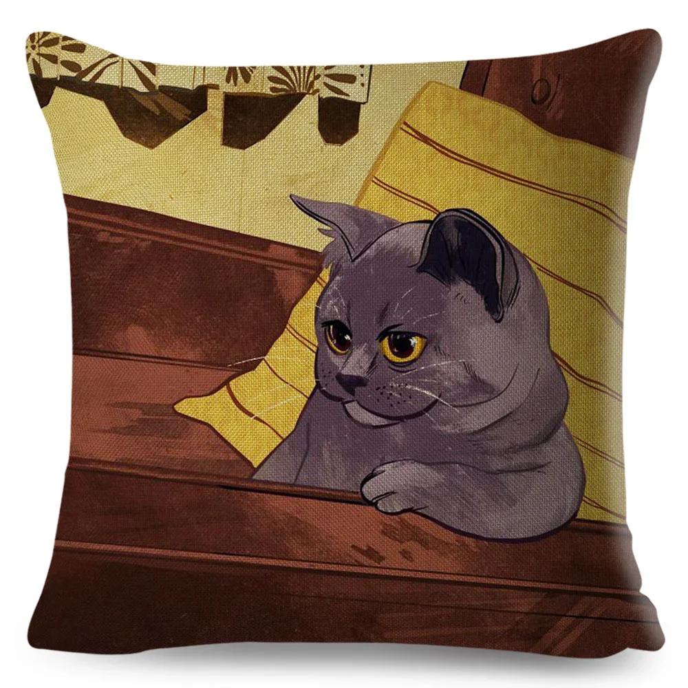 Olejomalba Roztomilá Kočka Povlak na Polštář Dekor Barevný Kreslený Domácí Zvíře Povlak na Polštář Polyesterový Povlak na Polštář na Pohovku Dětský Pokoj