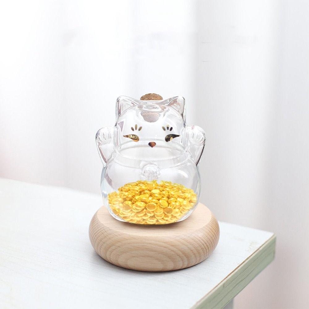 Cute Cat Shape Saving Jar Lucky Cat Clear Glass Glass Coin Bank with Wooden Base Decorative Gold Bean Container Wishing Star