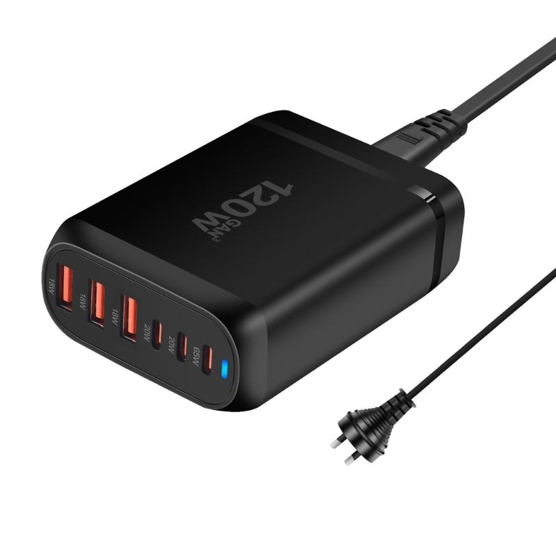 Multiple Port 3xUSB+3xType C Charging Station with 120W Output for Public Space and Travel Use