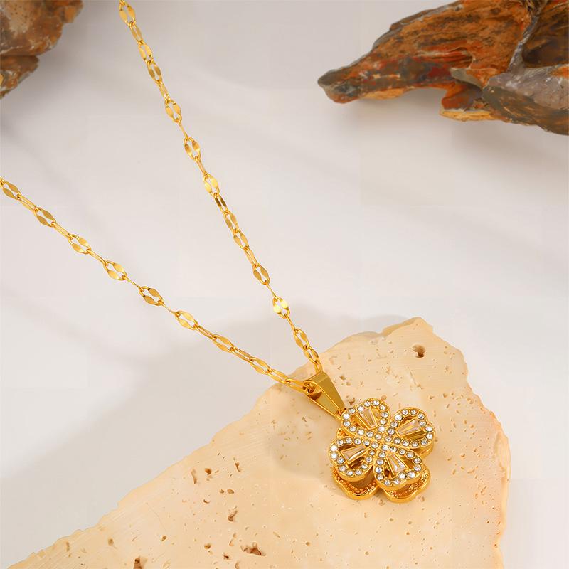 Necklace Female Rotating Clover Zircon Flower Stainless Steel Necklace Niche Temperament Design Versatile Necklace
