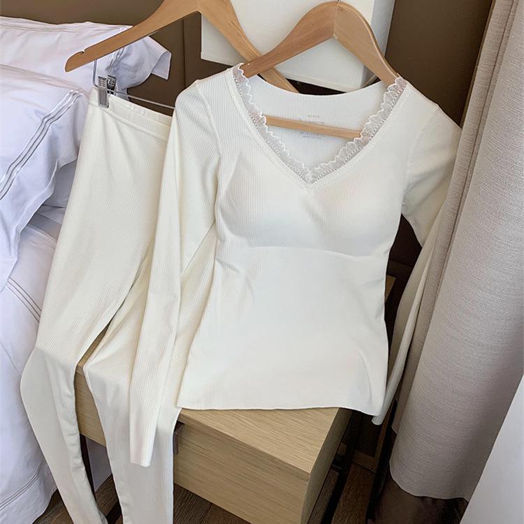 Set Termic Femei Fără Cusături Amestec Lână: Strat de bază cald de toamnă/iarnă cu partea superioară căptușită