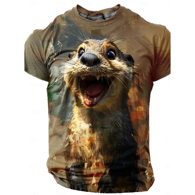 Men s Animal Print Top Loose Crew Neck Short Sleeve Casual T-Shirts Men’s XS