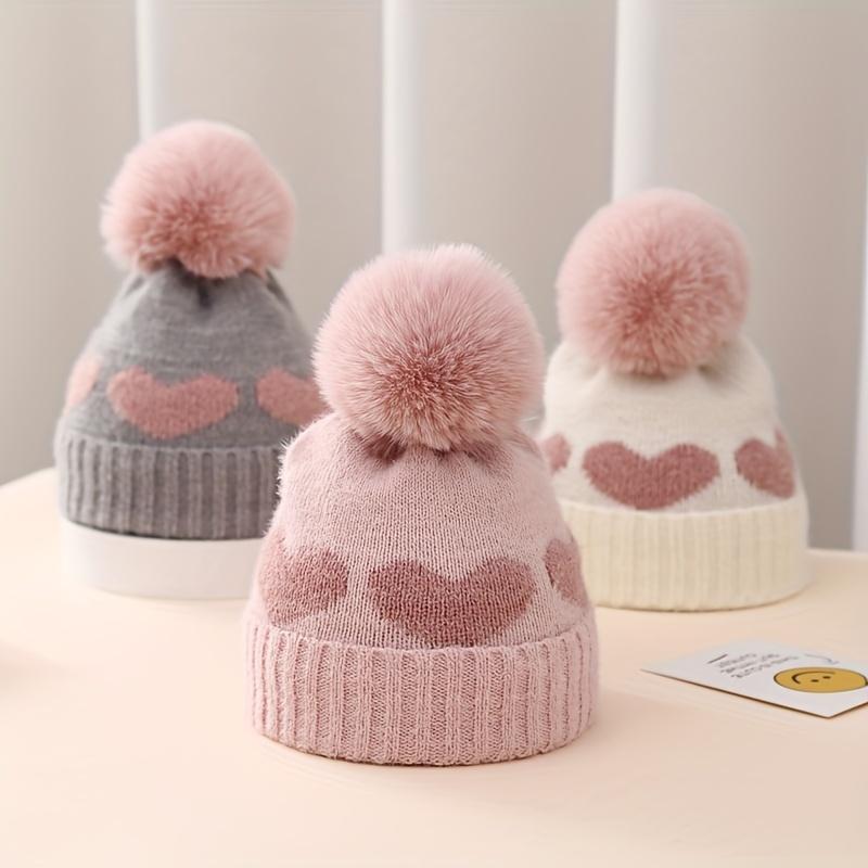 Heart Pattern Knit Beanie, Warm Pullover Knitted Hat for Newborn 3-24 Months Baby Girls