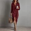 Women's Fashion Casual Solid Color Corduroy Long-sleeved Dress With Lapel Shirt , Loose Long Skirt