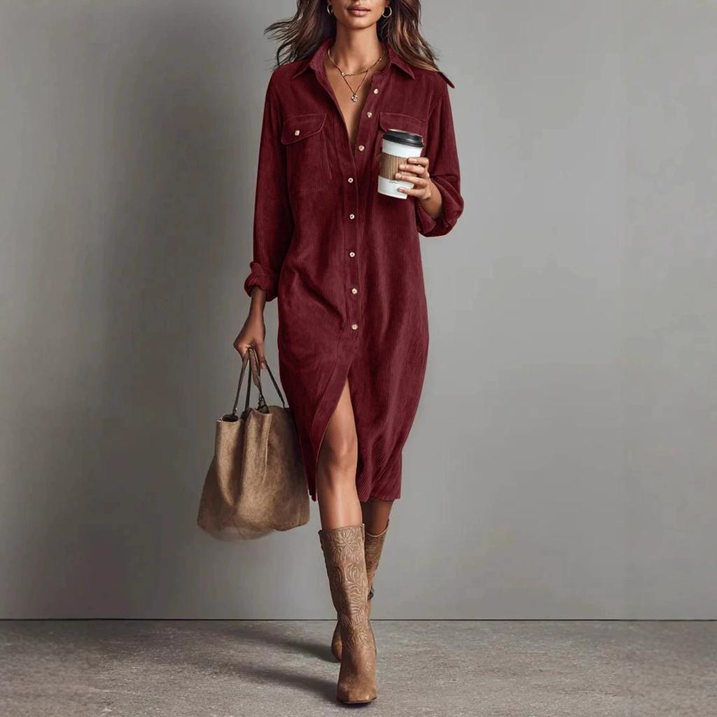 Women's Fashion Casual Solid Color Corduroy Long-sleeved Dress With Lapel Shirt , Loose Long Skirt