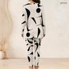 Women Plus Size Two Piece Set Round Neck Long Sleeve White Blue Printed Top Fitted Long Pants