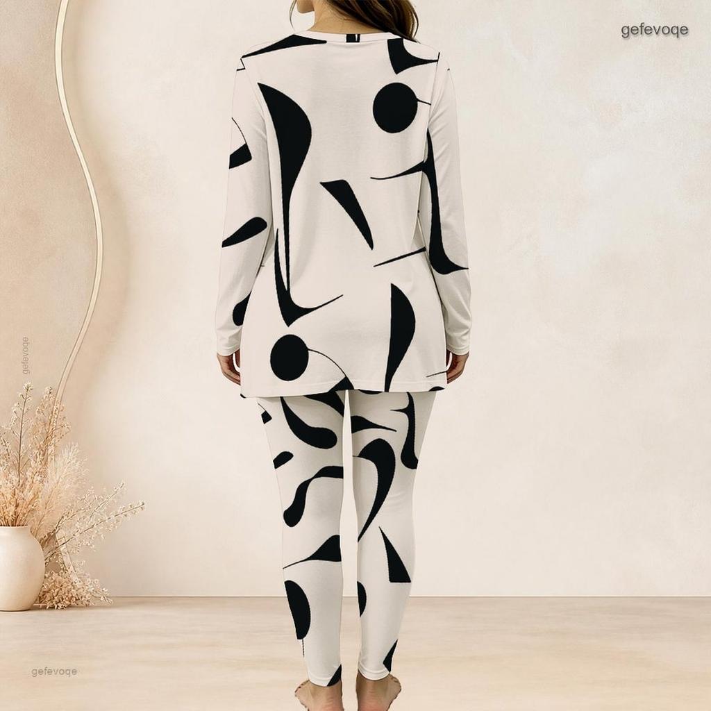 Women Plus Size Two Piece Set Round Neck Long Sleeve White Blue Printed Top Fitted Long Pants