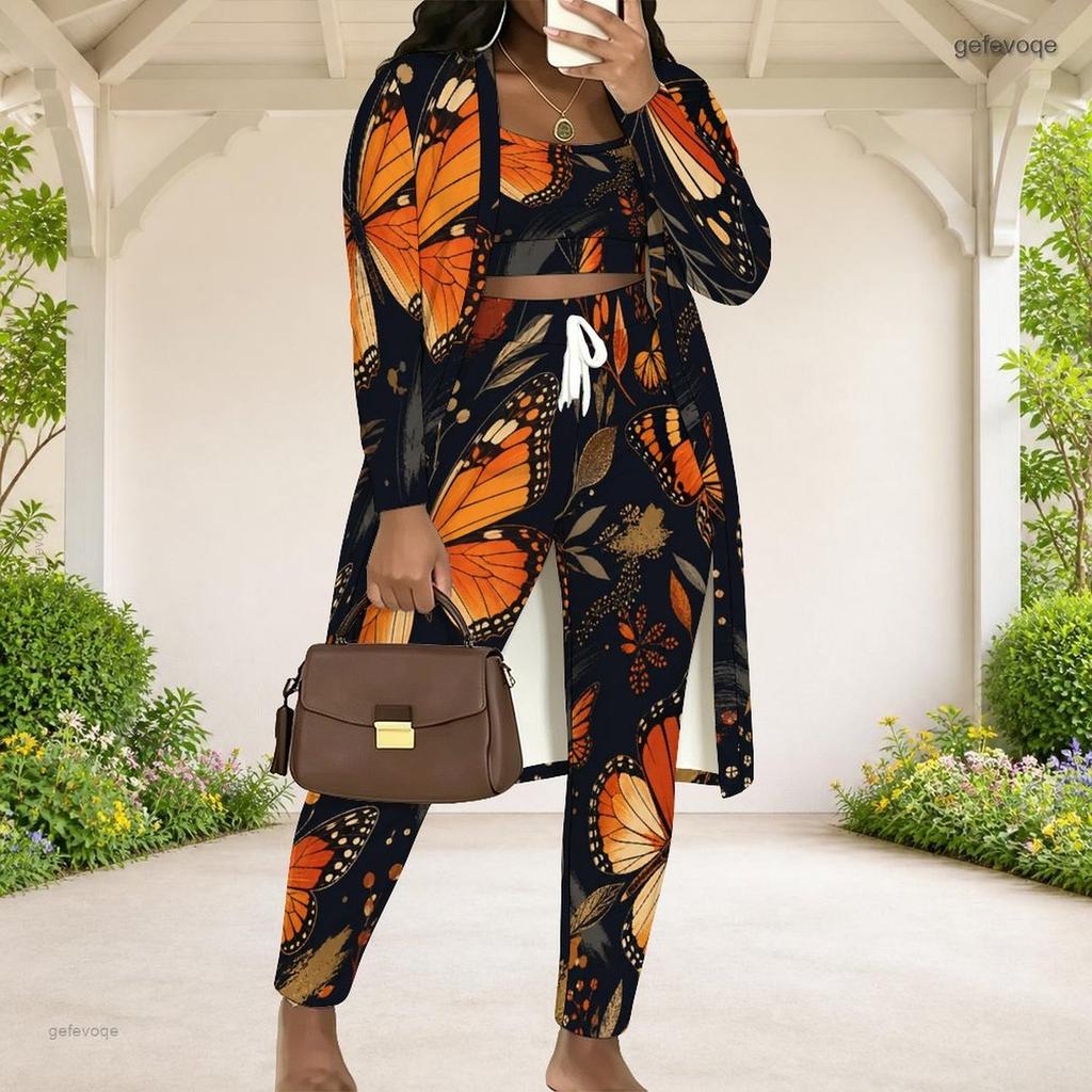 Women Plus Size Butterfly Printed Three Piece Set Long Sleeve Open Front Cardigan Crop Top Long Pants