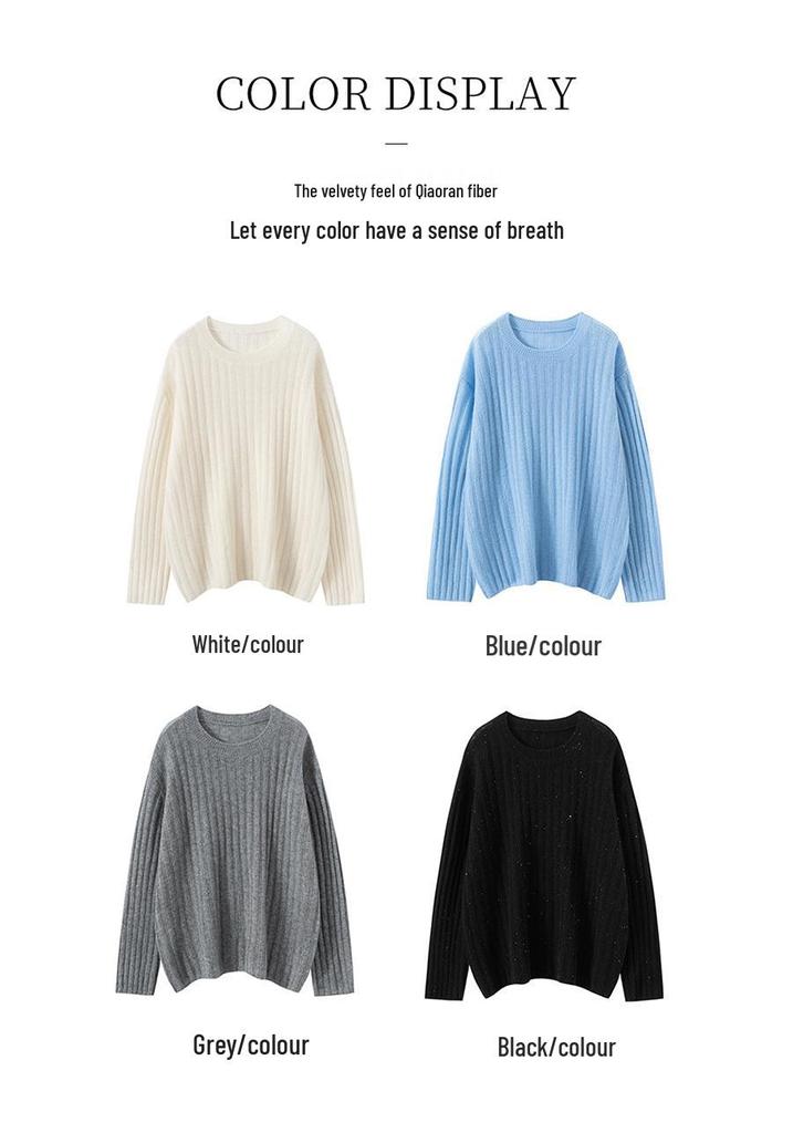 Women's Cashmere Round Neck Sweater - Autumn/Winter Soft Knit with Sequins, Long Sleeve Base Layer