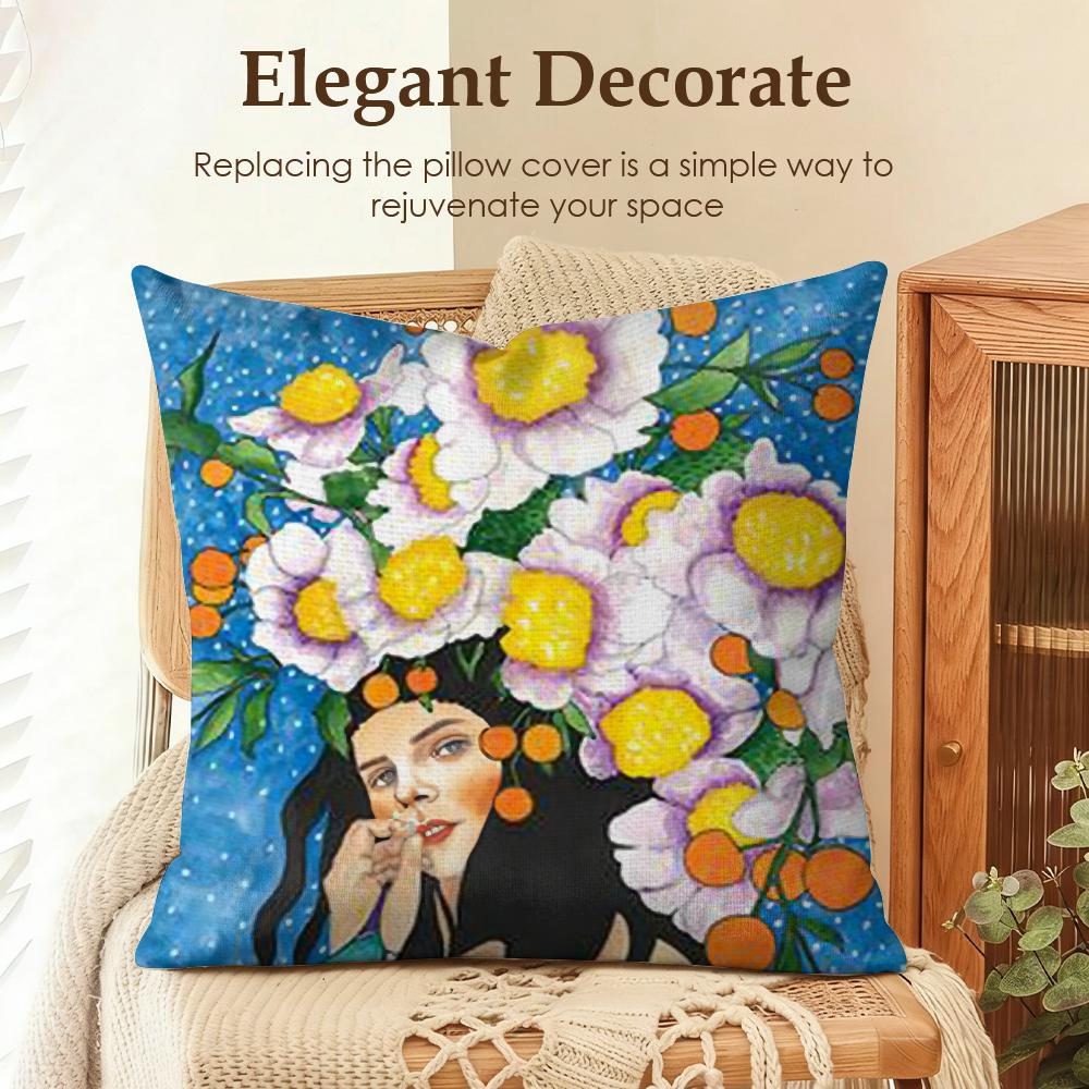 Abstract Girl Hair Flower Cushion Cover Natural Linen Organic Fabric DoubleSided Printing Sofa Home Decor Gift Pillow Case