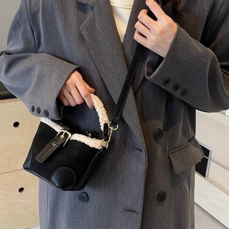 Women's Fashion Plush Messenger Bag Faux Leather Small Bucket Shoulder Crossbody Bag with Polyester Lining and Buckle Closure Solid Color