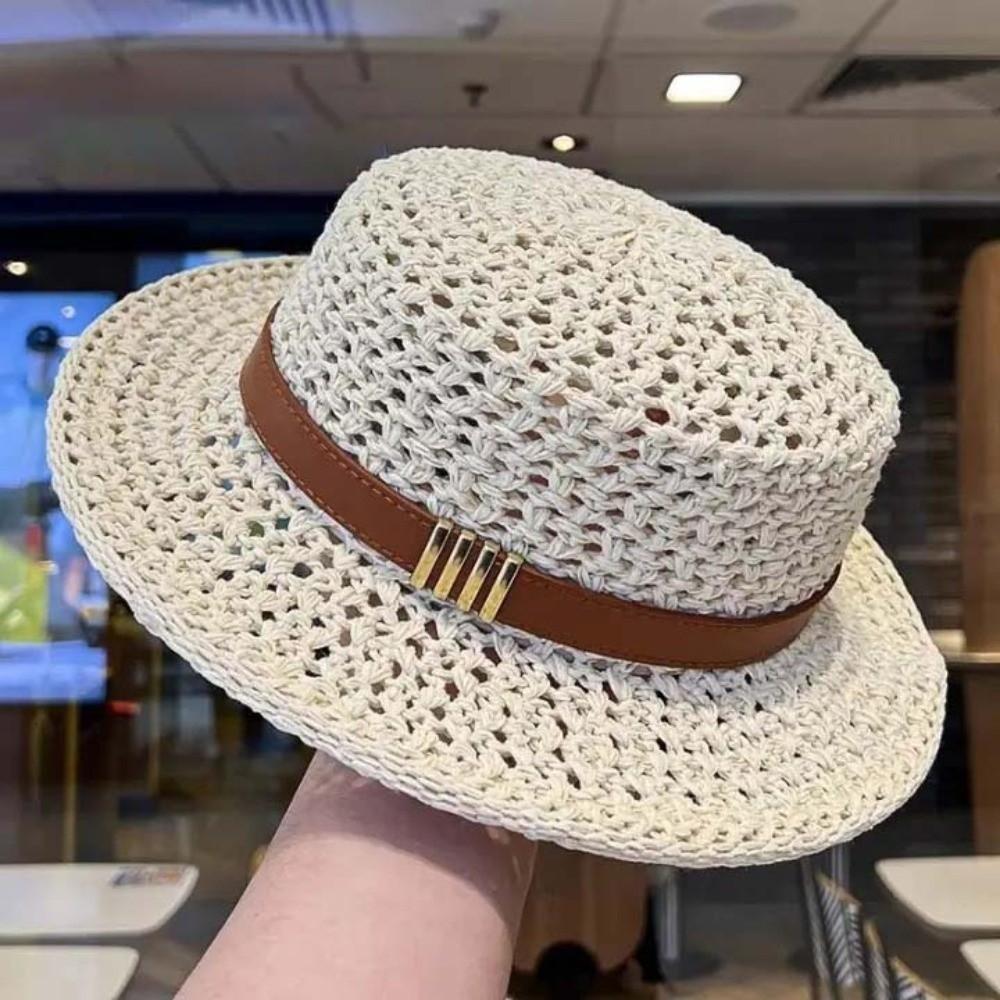 Sun Protection Handwoven Sun Cap Lightweight Flat Top Beach Hat Casual Daily Outing бежевый