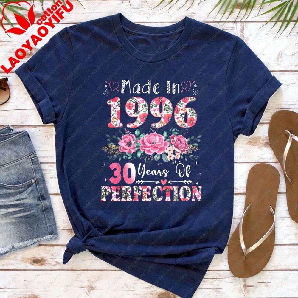 Made in 1996 T Shirt Women 30 Years of Perfection Floral Graphic Tee 30th Birthday Gift Cotton Short Sleeve O Neck Tops
