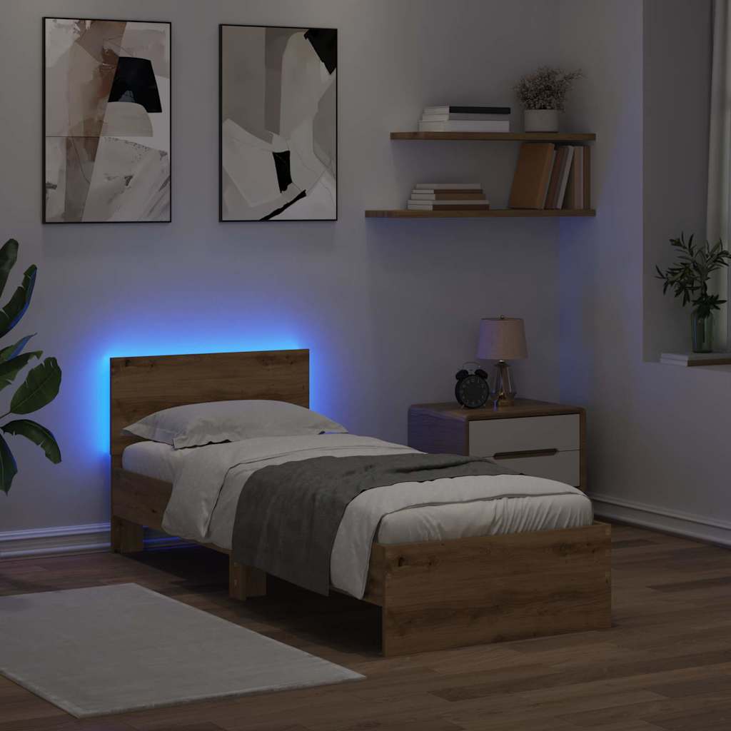 Artisan Oak LED Bed Frame with Headboard 75 x 190 cm Particleboard