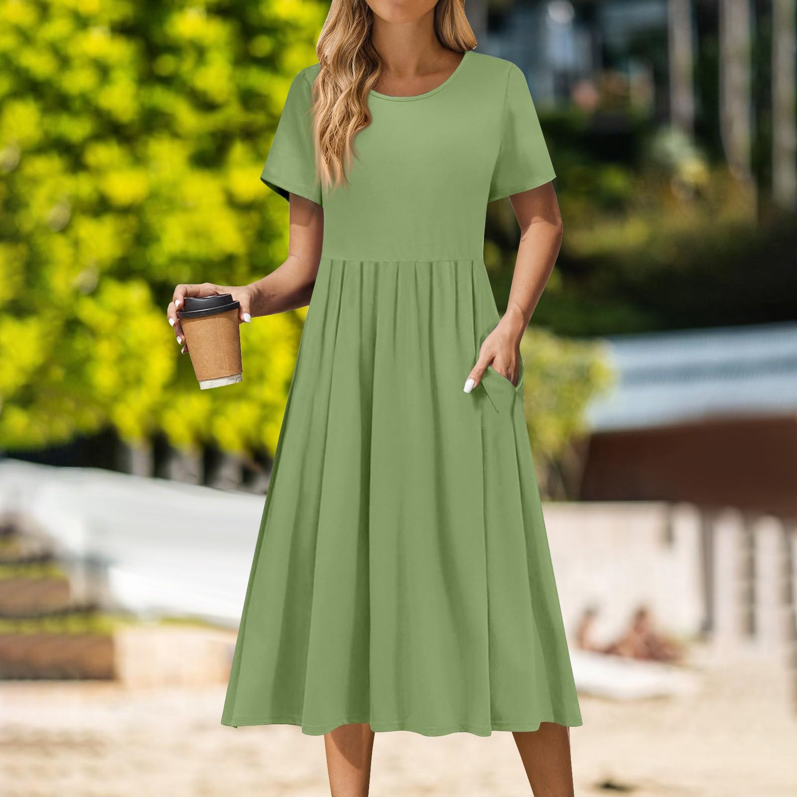 

Женское повседневное платье миди с круглым вырезом, классическое повседневное платье с коротким рукавом свободного кроя M