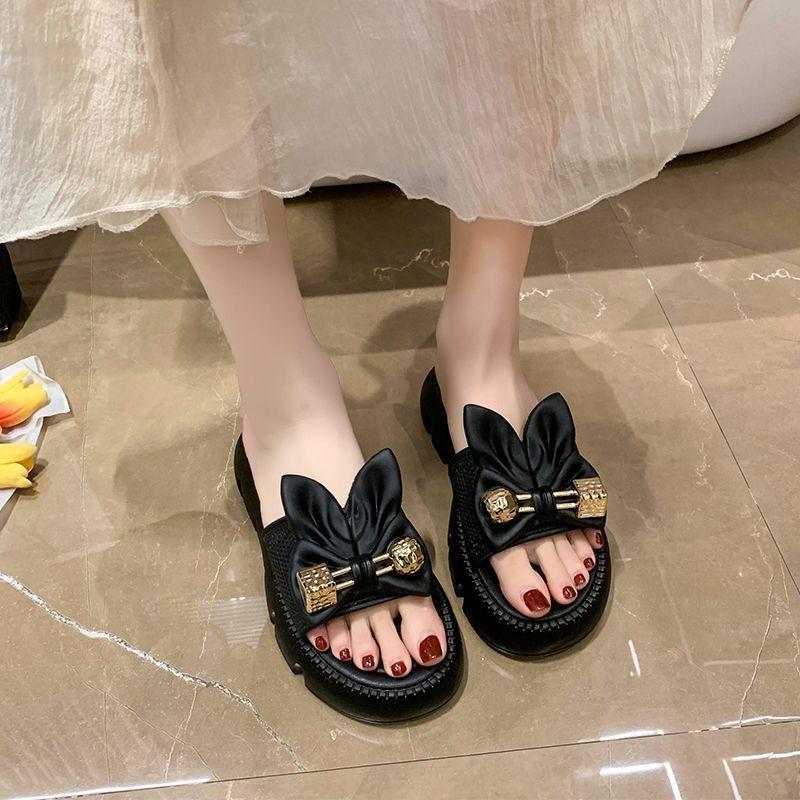 Wearing Muffin Cool Slippers, Cute Rabbit Ears Beach Shoes, Bow Thick-soled One-word Slippers, Women's Summer 2025 New Models