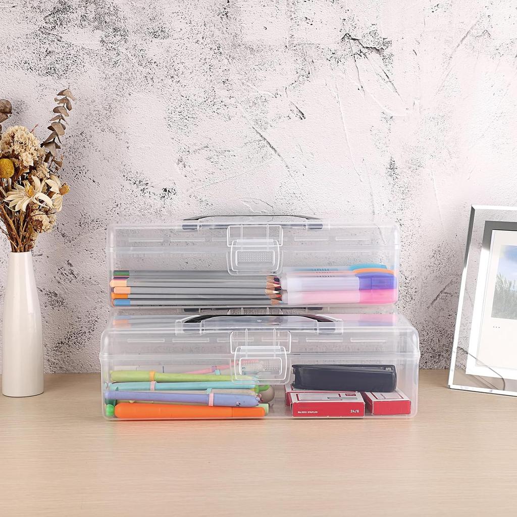 BTSKY 3 Pack Long Plastic Pencil Box Portable Clear Home Utility Boxes with Black Handle Stationery Storage Organizer Painting Tool Storage Container