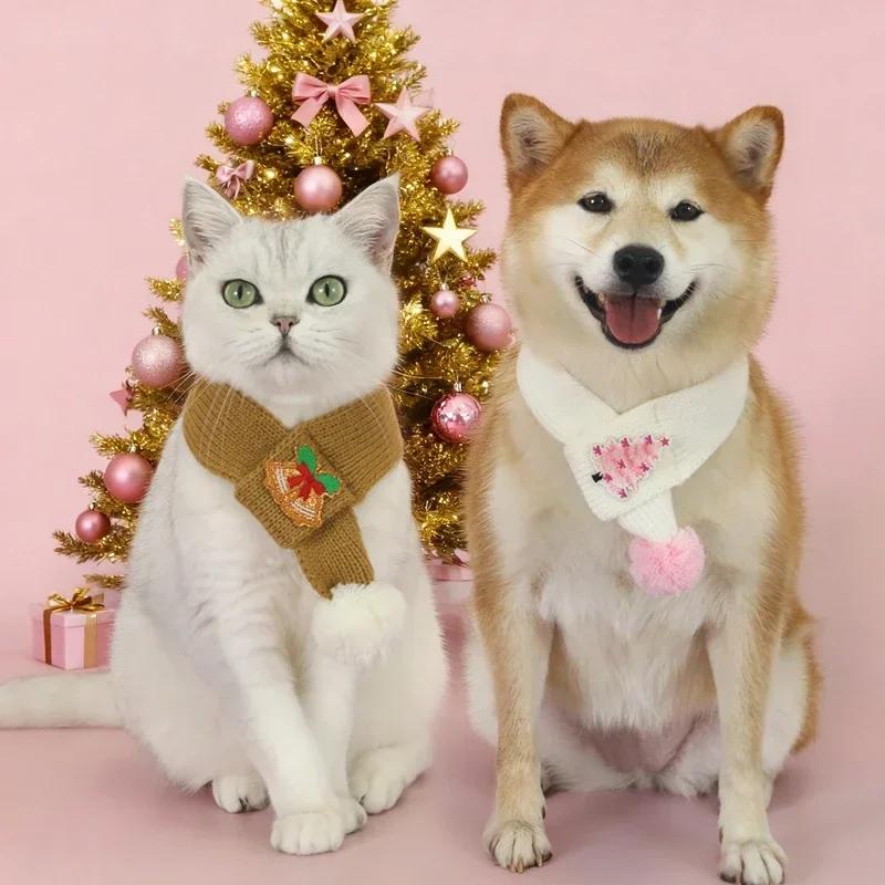 Cat Dog Knitted Scarf Christmas Tree & Bell Embroidery Neck Warmer with Pompom Ball Xmas Party Pet Dress-up Costume Accessories