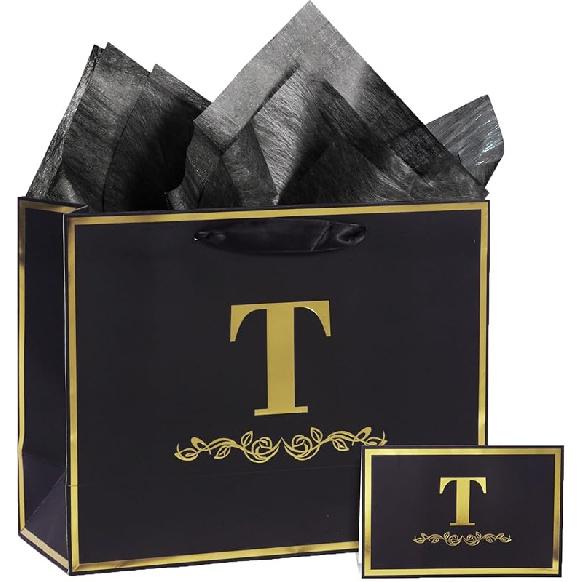 momoake 40th Birthday Gift Bag with Card and Tissue Paper for Men Women, 1985 40 Year Old 13  Elegant Black Gold Anniversary Keepsake Party Present Letter T