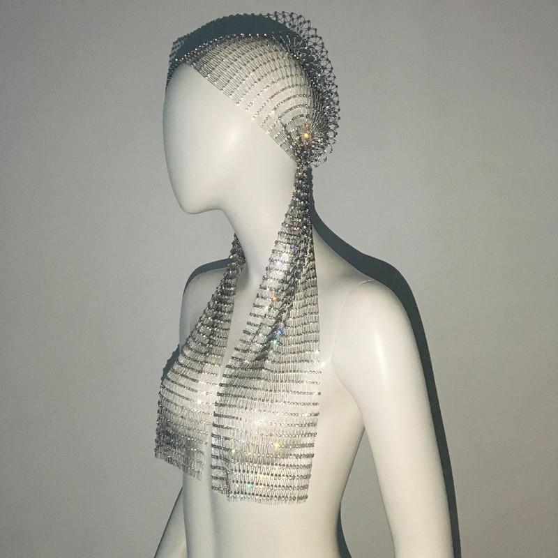 Womens Elastic Rhinestone Pirate Hat Long Tail Headscarf Music Performance Unisex Headwear