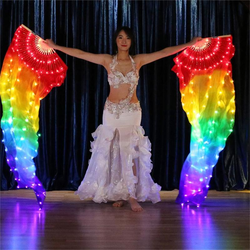Handgefertigter Holz-LED-Tanzfächer Rechte Hand Design Beleuchteter Langer Seidenfächer für Tänzer und Darsteller