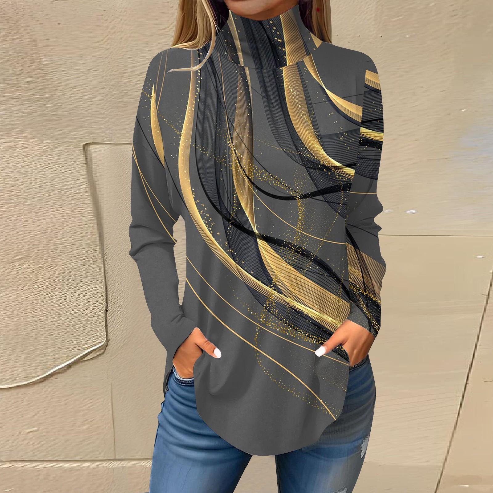 

Женская модная повседневная футболка с длинным рукавом с высоким воротом и принтом, пуловер, топ XL