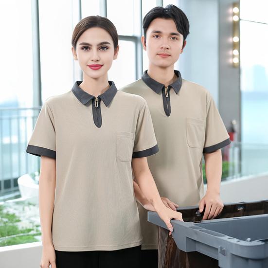Unisex Sommer Reinigungsuniform Kurzarm T-Shirt mit Brusttasche Atmungsaktiv Feuchtigkeitstransportierend Arbeitskleidung für Reinigungspersonal Hauspersonal Wear