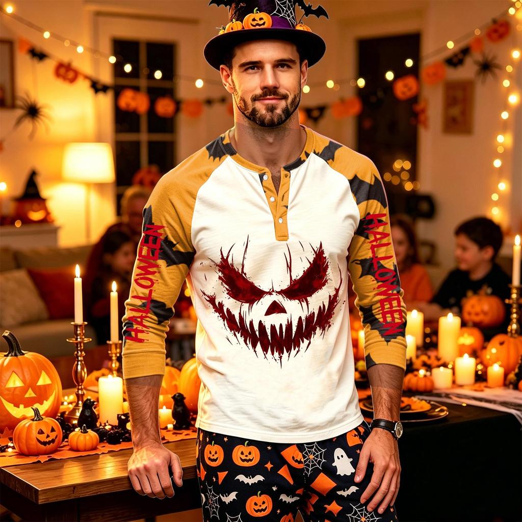 Men's Long Sleeve Shirt with Halloween Print for Holiday Parties and Casual Wear