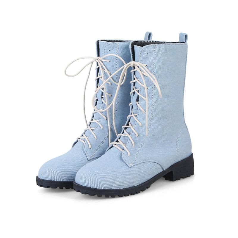 Cizme de damă din denim noi de toamnă-iarnă cu toc gros, platformă, vârf rotund, pantofi de damă casual cu șireturi, botine pentru femei WSH5220