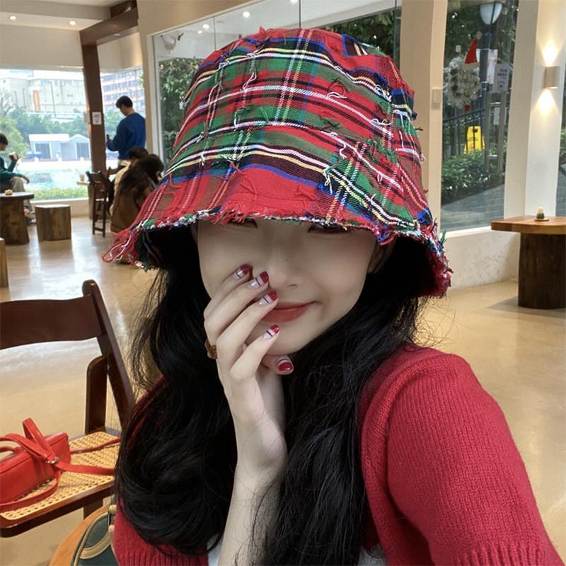 Chic Red Plaid Bucket Hat For Women Vintage Style Sun Protection Breathable Cotton