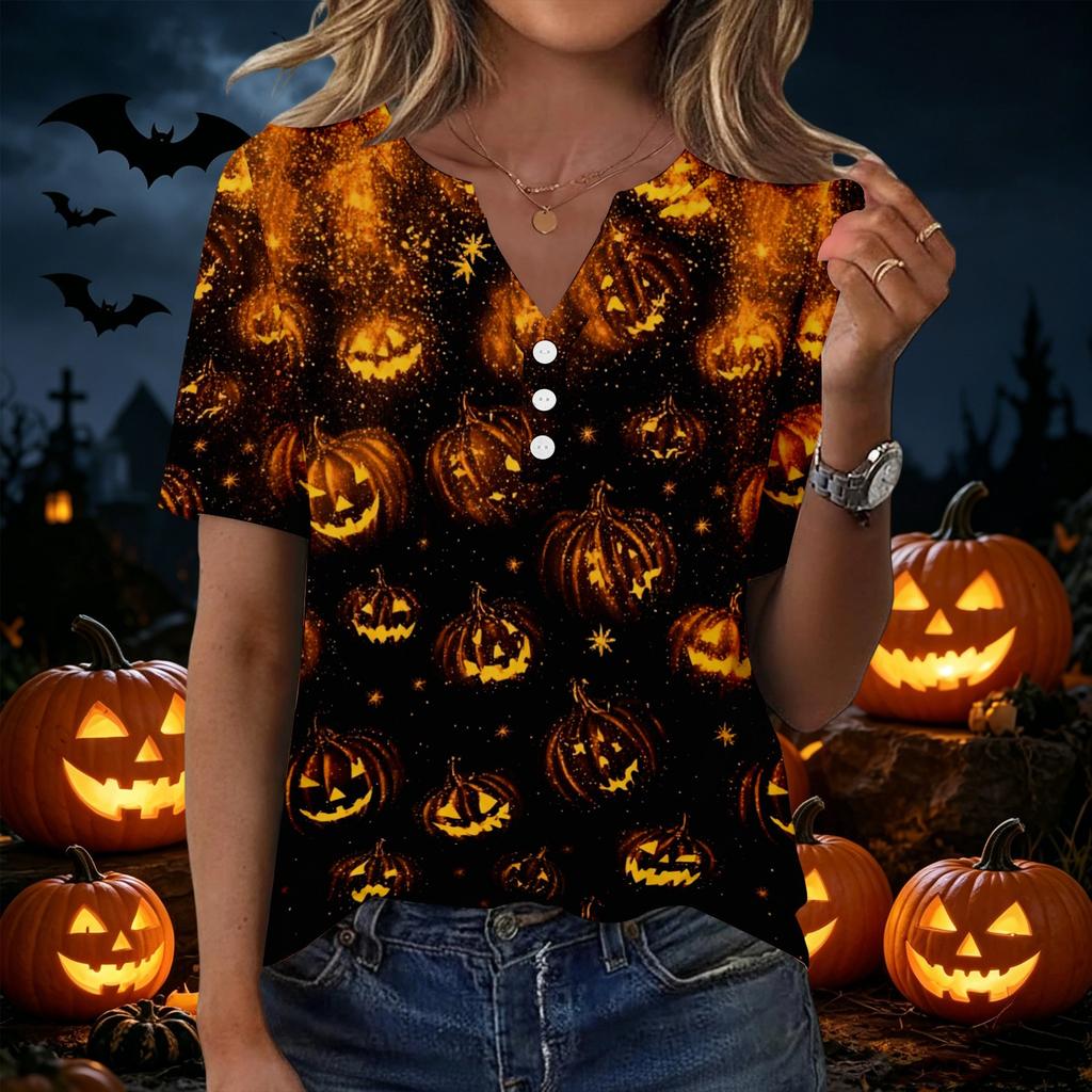 Women's Halloween Printed Loose Fit V Neck Short Sleeve Top with Pocket Casual Blouse for Seasonal Wear and Everyday Comfort