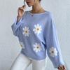 Sweet Floral Embroidered One-Shoulder Knit Pullover Sweater - 2024 European & American Style