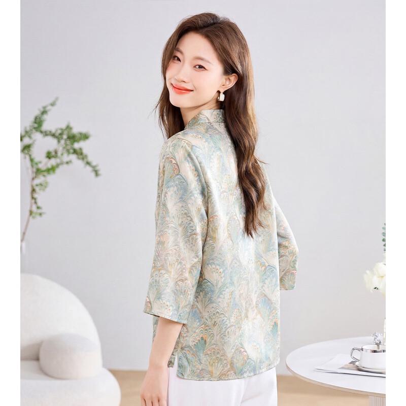ORIGIN Women's Chinese Style Printed Stand Collar Mid-Sleeve Shirt