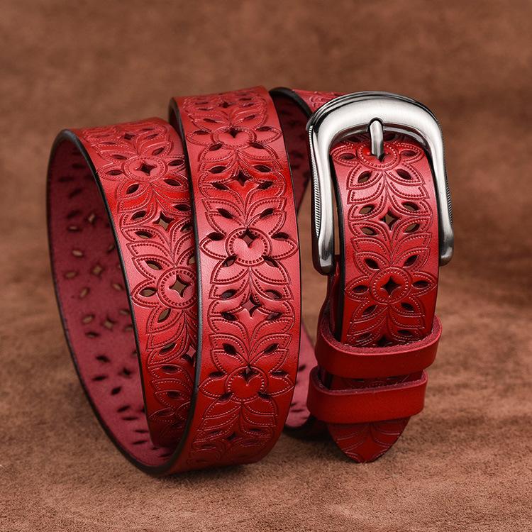 Women'S Hollow Belt Pin Buckle Yellow Cowhide Belt Casual Pinhole Belt