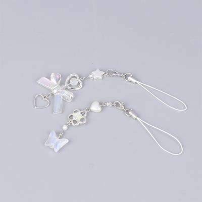 Flower Love Metal Alloy Cell Phone Chain Bowknot Y2K Fairy Beaded Pendant Mobile Phone Lanyard Keychain Bag Charms
