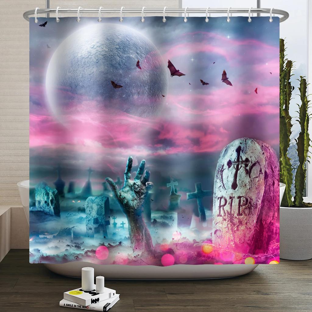 Halloween Duschvorhang Horror Mondnacht Kürbis Schädel Skelett Gruseliges Schloss Hexe Geist Friedhof Wasserdicht Badezimmervorhänge