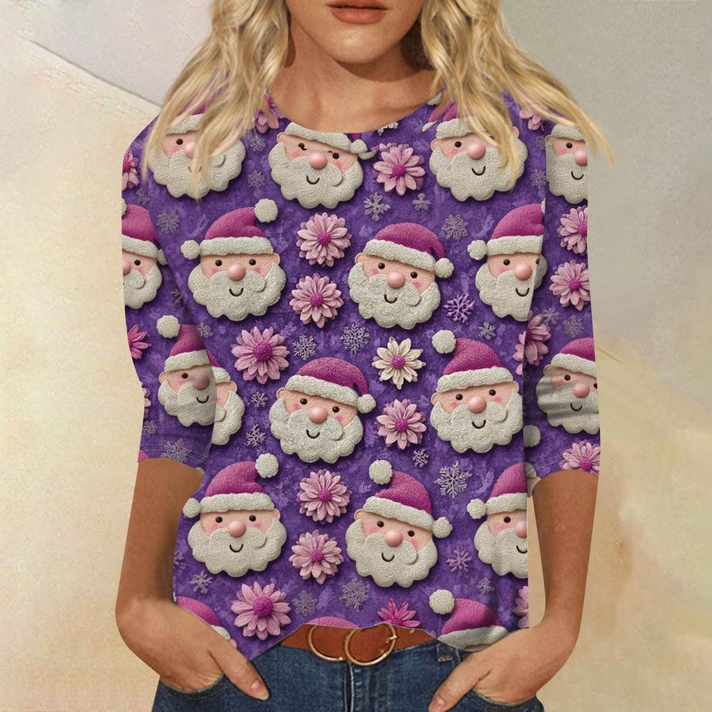 Moda damska Casual Okrągły dekolt Rękaw 3/4 Luźny T-Shirt z nadrukiem Damski top