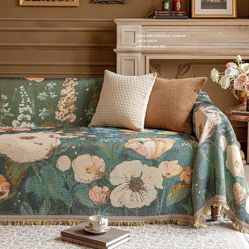 Retro Oil Painting Design Sofa Towel All Season Universal for Living Room Home Decor Tassel Sofa Cover Cloth Flowers Couch Towel