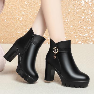Women High Heels Black Thick Plush 6/8CM Heel Platform Ankel Booties Soft Leather Party Shoes Female Short Boots Snow Boots
