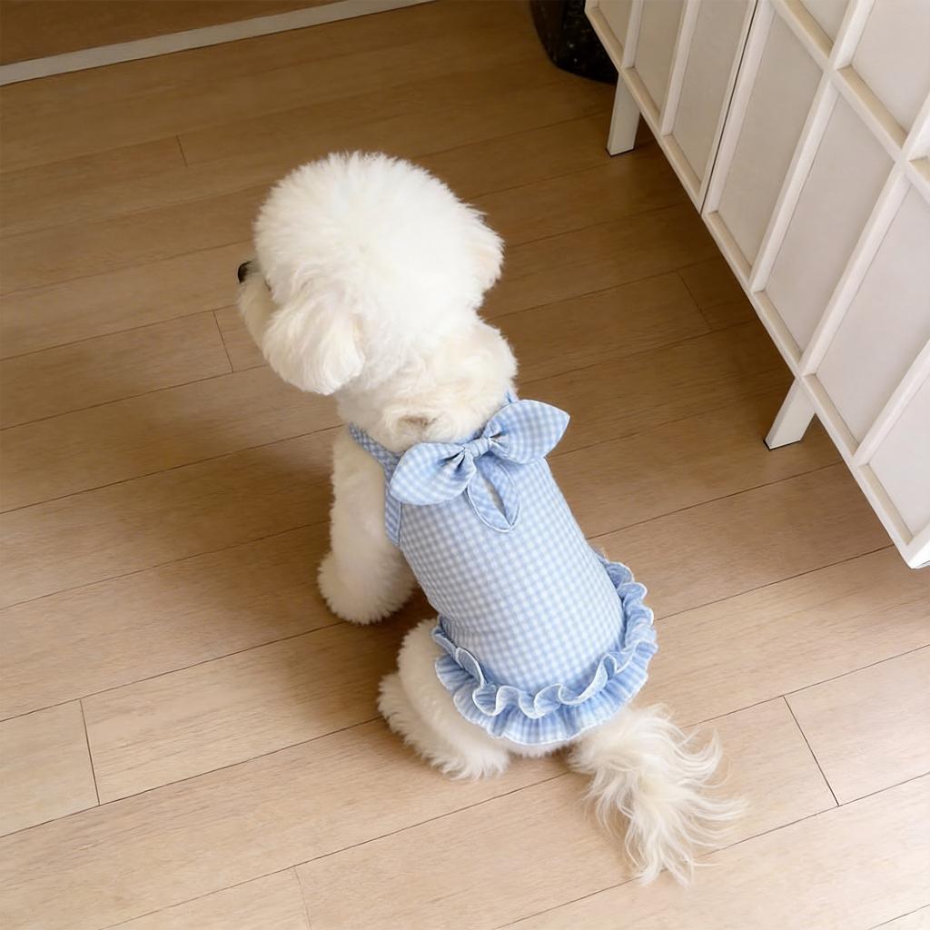 Dog Summer Dress Thin Sleeveless Princess Dress with Bowknot Plaid Pattern for Small Dogs